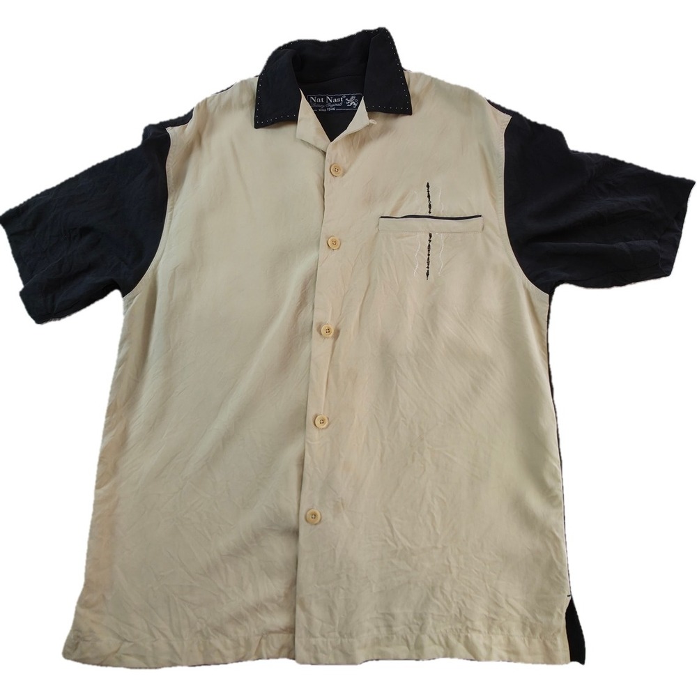 Nat Nast Bowling Shirt Mens M Tan Black Colorblock Embroidered Good No size tag